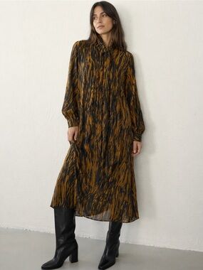 COS Printed Tie-Neck Midi Dress in Brown & Black Abstract